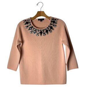 Ann‎ Taylor Sweater Women XS Pink Wool Blend Jeweled Neckline Pullover Preppy
